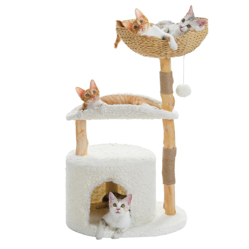 🐱 PAWZ Road 38-Inch Modern Luxury Wood Cat Tree with Large Wicker Basket & Deep Hammock