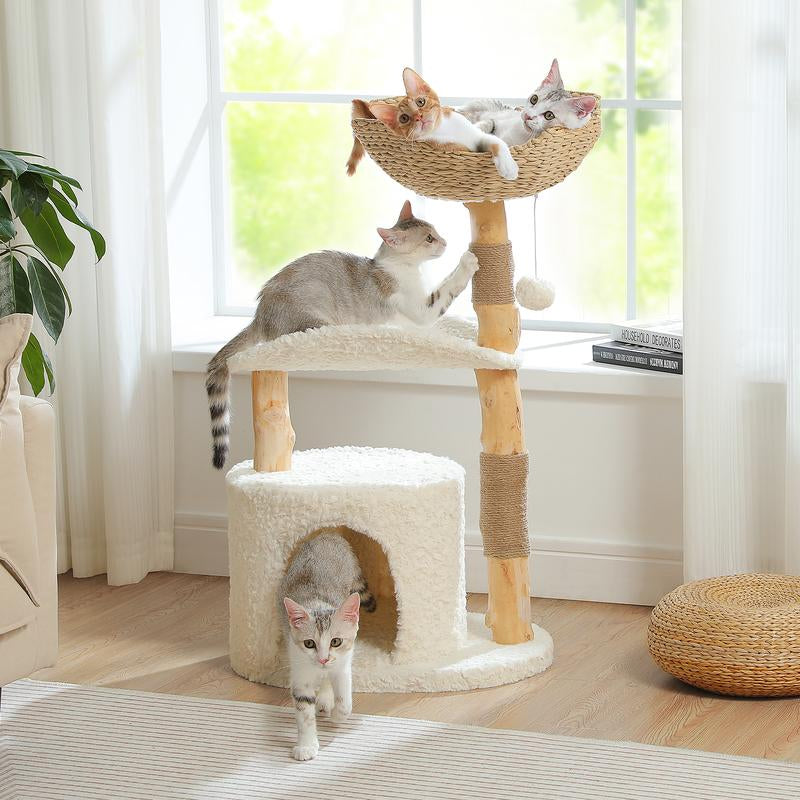 🐱 PAWZ Road 38-Inch Modern Luxury Wood Cat Tree with Large Wicker Basket & Deep Hammock