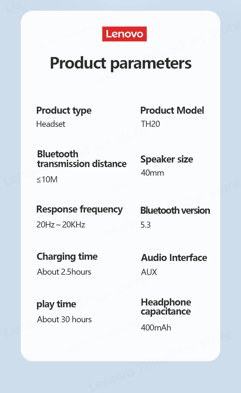 LENOVO TH20 Foldable Bluetooth Headphones 5.3 – Sport/Gaming Headset w/Mic, Hi-Fi Bass