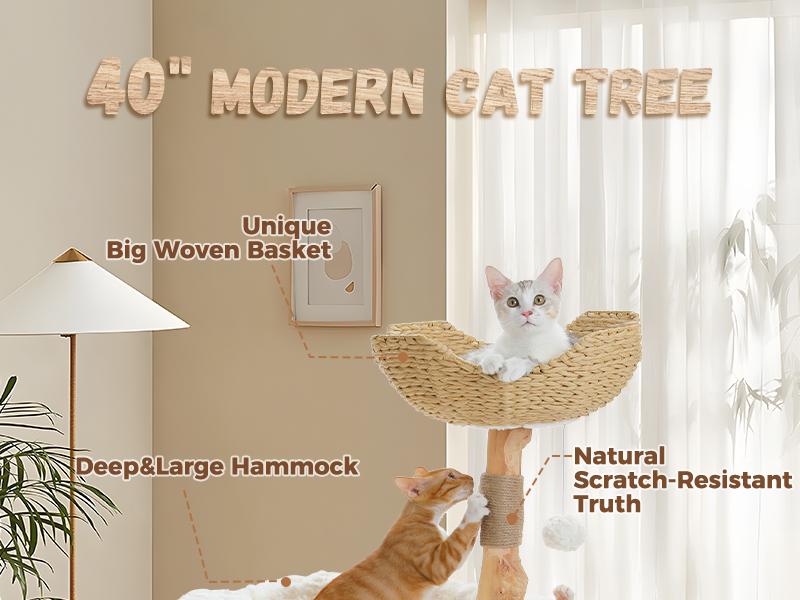 🐱 PAWZ Road 38-Inch Modern Luxury Wood Cat Tree with Large Wicker Basket & Deep Hammock
