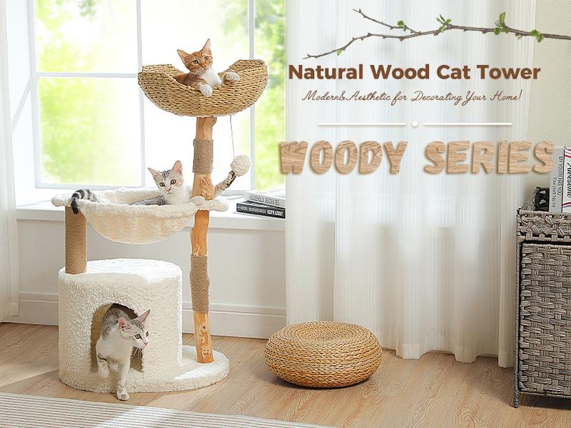 🐱 PAWZ Road 38-Inch Modern Luxury Wood Cat Tree with Large Wicker Basket & Deep Hammock