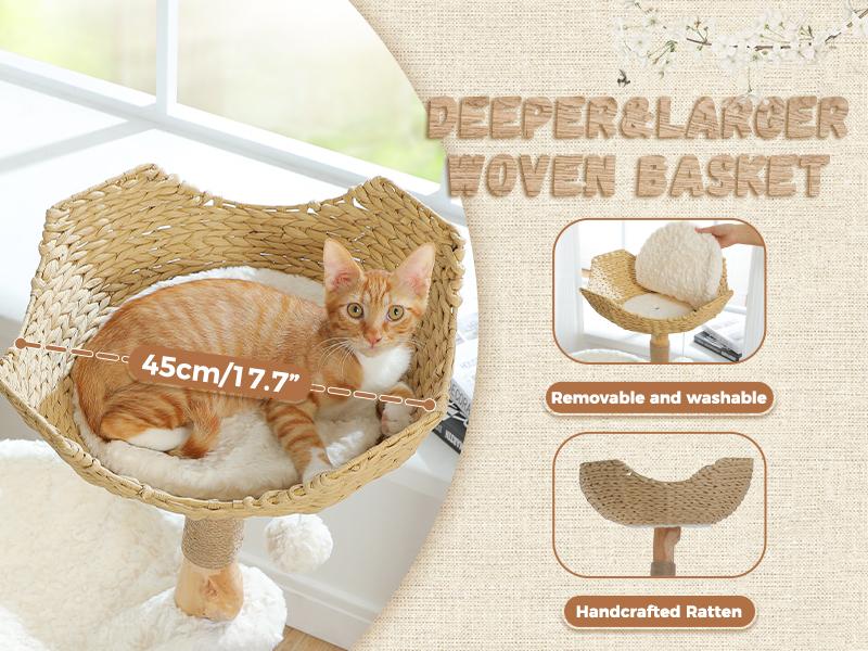🐱 PAWZ Road 38-Inch Modern Luxury Wood Cat Tree with Large Wicker Basket & Deep Hammock