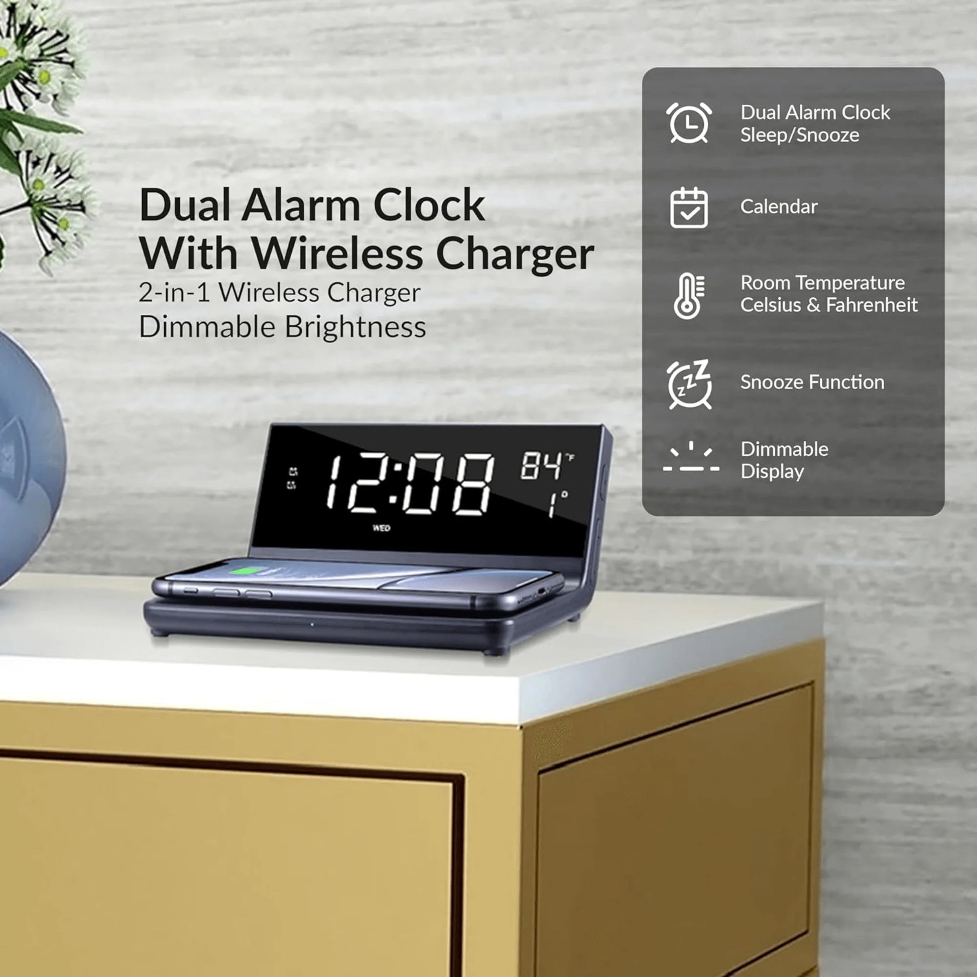 Supersonic 2-in-1 Wireless Charging Alarm Clock