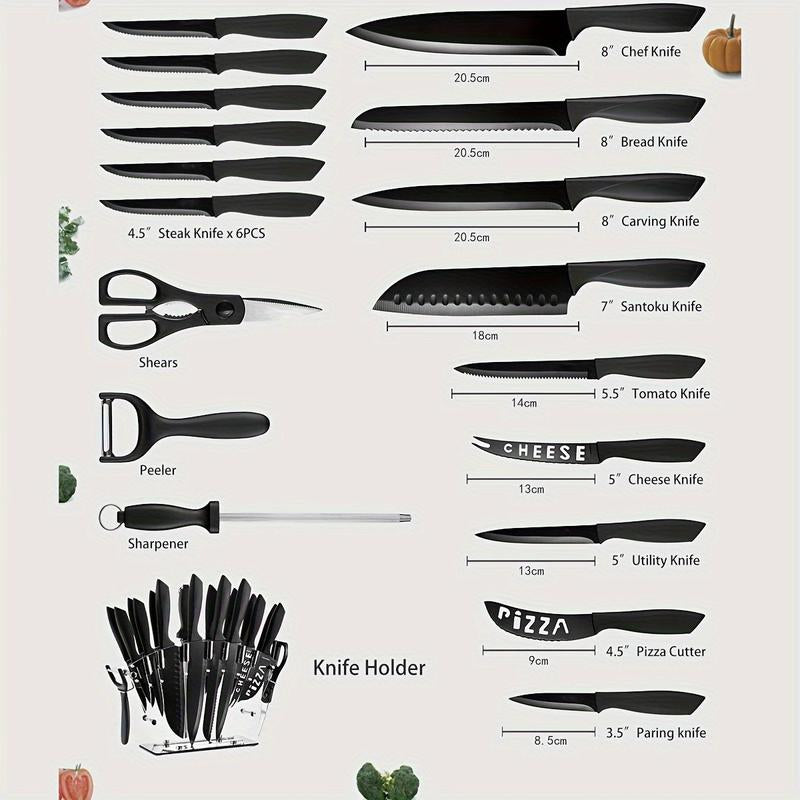 ๐ด Professional 19-Piece High Carbon Stainless Steel Kitchen Knife Set โ Non-Stick Coating, Ergonomic Handles, Rust-Resistant, Stylish Black