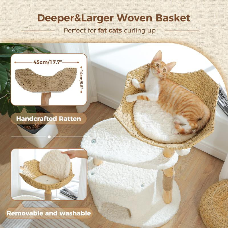 🐱 PAWZ Road 38-Inch Modern Luxury Wood Cat Tree with Large Wicker Basket & Deep Hammock