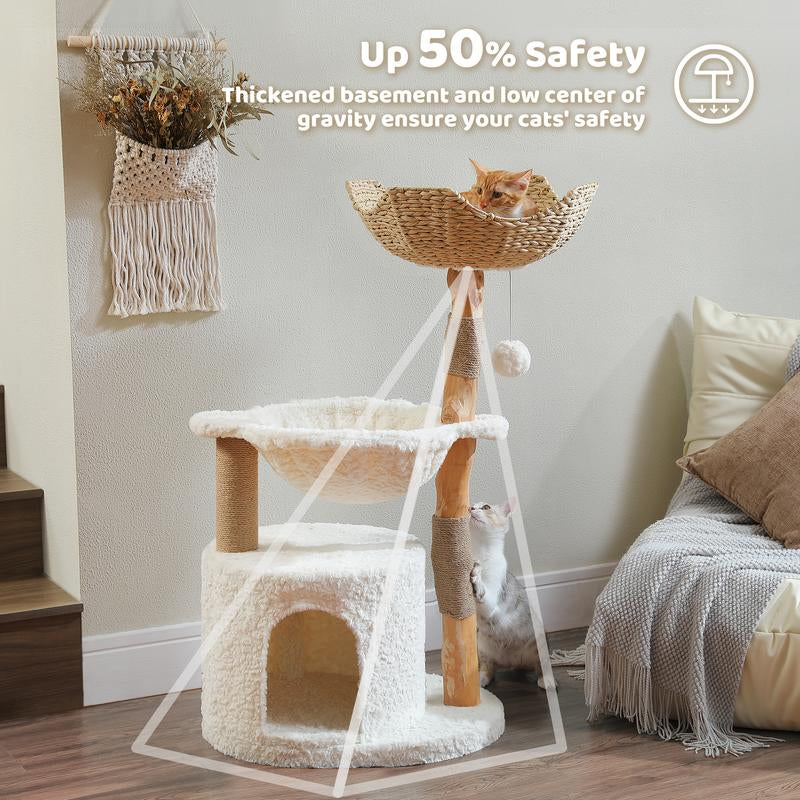 🐱 PAWZ Road 38-Inch Modern Luxury Wood Cat Tree with Large Wicker Basket & Deep Hammock