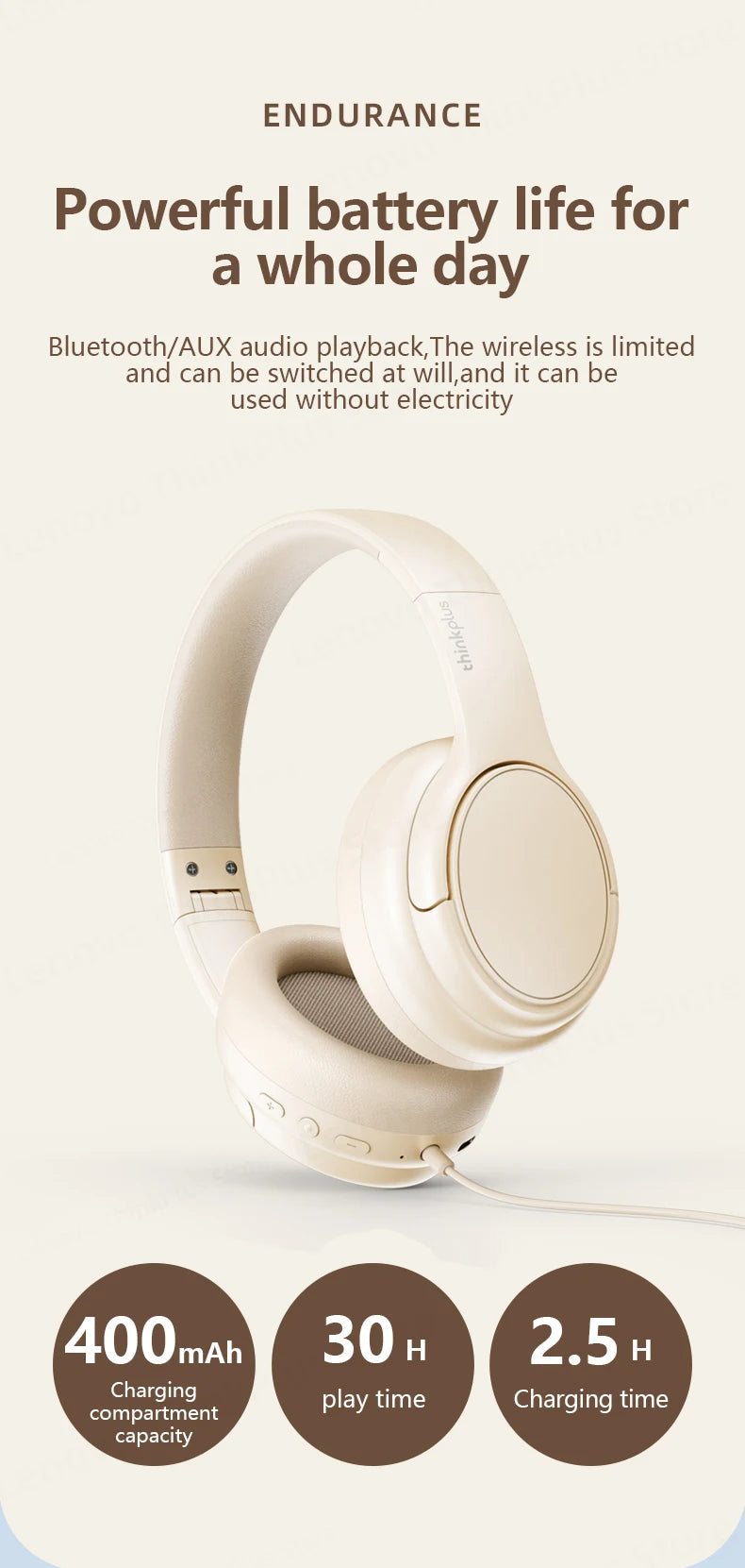 LENOVO TH20 Foldable Bluetooth Headphones 5.3 – Sport/Gaming Headset w/Mic, Hi-Fi Bass