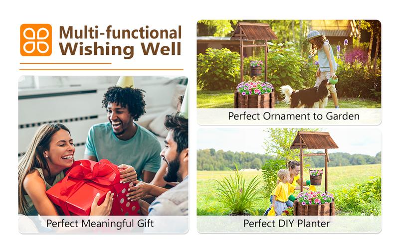 🌼 VINGLI Wooden Wishing Well Planter with Adjustable Bucket, Reinforced Rods – Rustic Outdoor Yard, Patio & Garden Decor