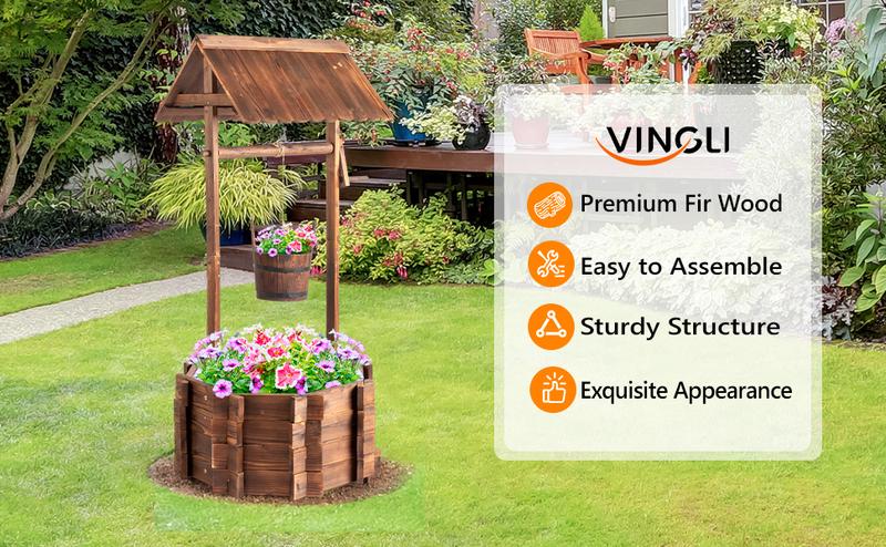 🌼 VINGLI Wooden Wishing Well Planter with Adjustable Bucket, Reinforced Rods – Rustic Outdoor Yard, Patio & Garden Decor