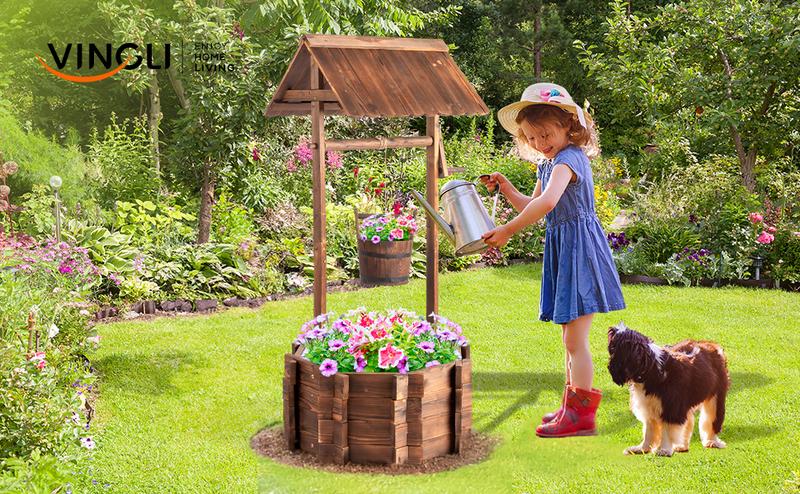 🌼 VINGLI Wooden Wishing Well Planter with Adjustable Bucket, Reinforced Rods – Rustic Outdoor Yard, Patio & Garden Decor