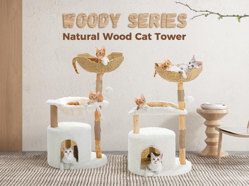 🐱 PAWZ Road 38-Inch Modern Luxury Wood Cat Tree with Large Wicker Basket & Deep Hammock