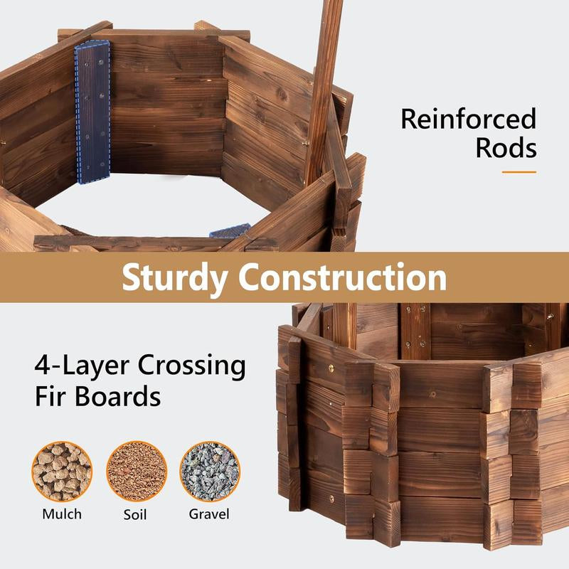 🌼 VINGLI Wooden Wishing Well Planter with Adjustable Bucket, Reinforced Rods – Rustic Outdoor Yard, Patio & Garden Decor