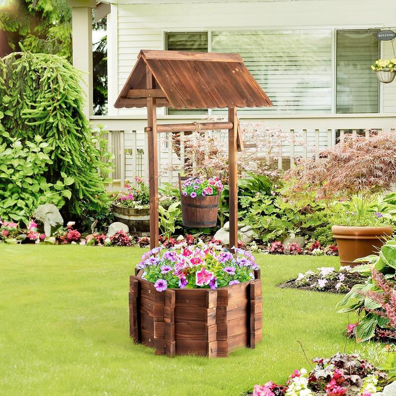 🌼 VINGLI Wooden Wishing Well Planter with Adjustable Bucket, Reinforced Rods – Rustic Outdoor Yard, Patio & Garden Decor