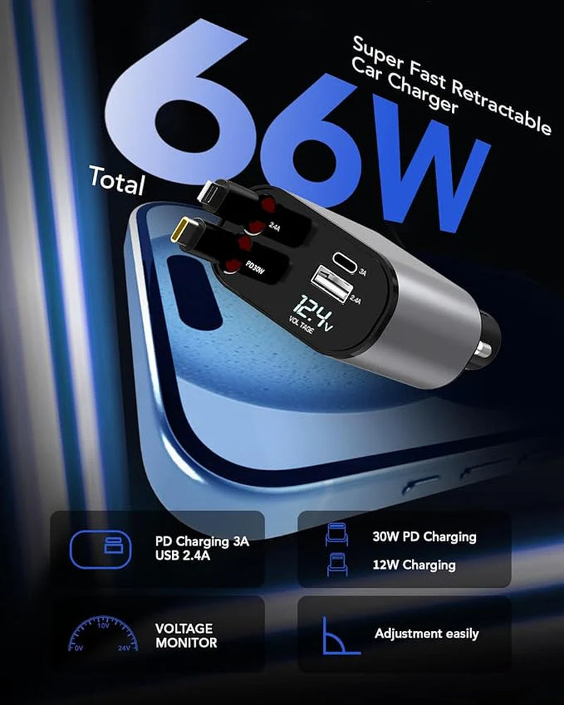 🚗 Smart Fast Retractable 4-in-1 Car Charger – 66W Power, Clean Car, No Cable Mess