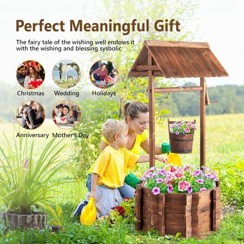 🌼 VINGLI Wooden Wishing Well Planter with Adjustable Bucket, Reinforced Rods – Rustic Outdoor Yard, Patio & Garden Decor