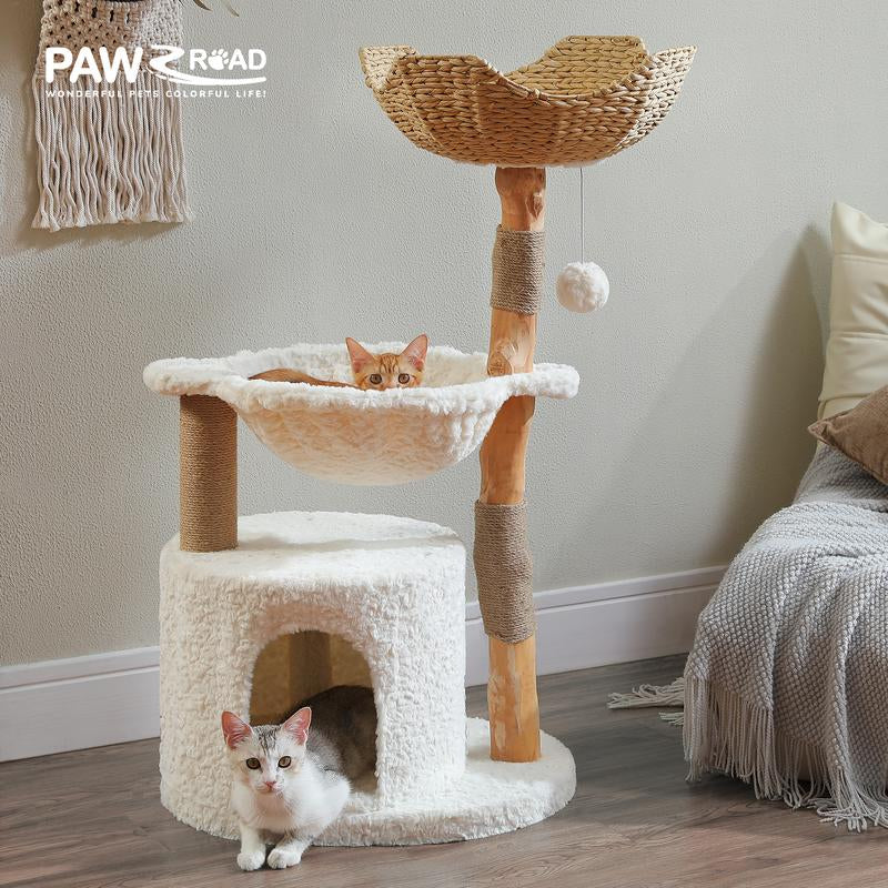 🐱 PAWZ Road 38-Inch Modern Luxury Wood Cat Tree with Large Wicker Basket & Deep Hammock