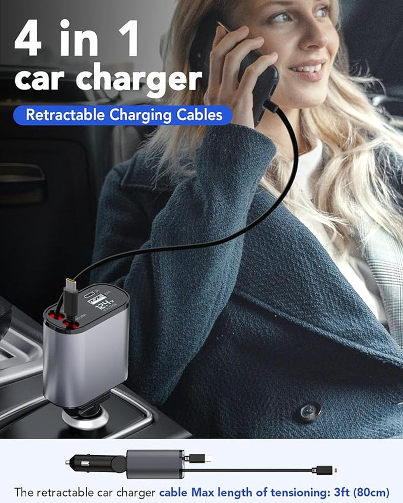 🚗 Smart Fast Retractable 4-in-1 Car Charger – 66W Power, Clean Car, No Cable Mess