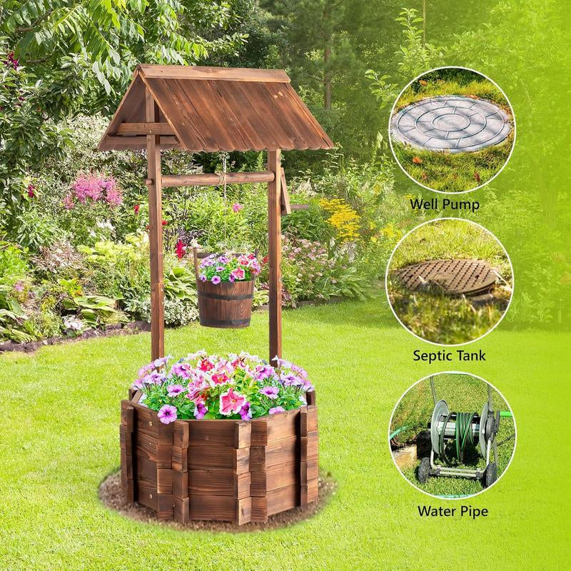 🌼 VINGLI Wooden Wishing Well Planter with Adjustable Bucket, Reinforced Rods – Rustic Outdoor Yard, Patio & Garden Decor