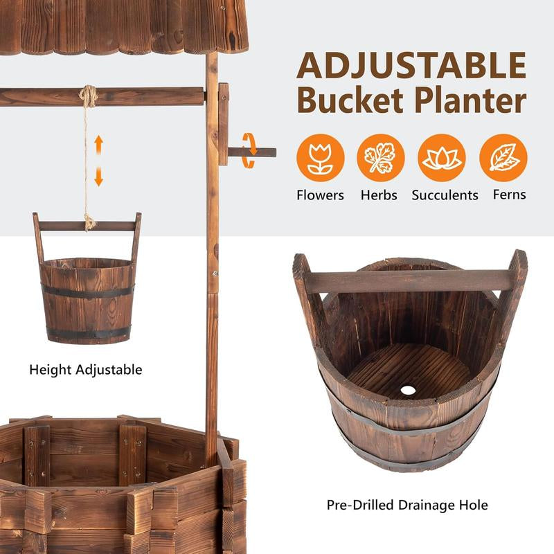 🌼 VINGLI Wooden Wishing Well Planter with Adjustable Bucket, Reinforced Rods – Rustic Outdoor Yard, Patio & Garden Decor