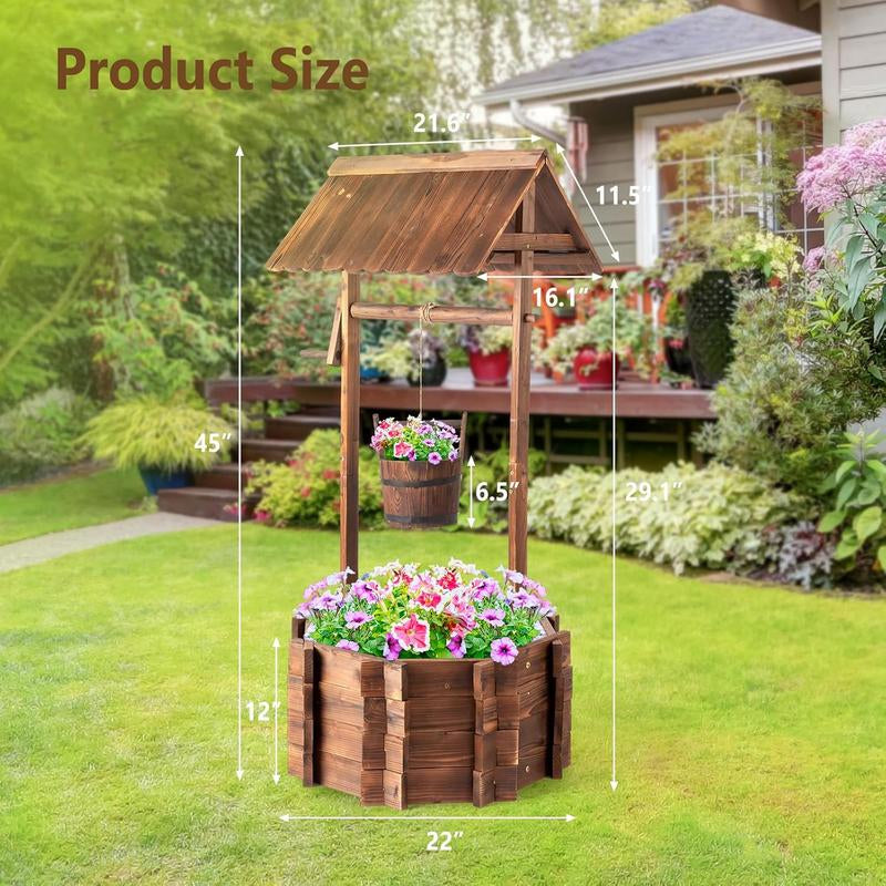 🌼 VINGLI Wooden Wishing Well Planter with Adjustable Bucket, Reinforced Rods – Rustic Outdoor Yard, Patio & Garden Decor