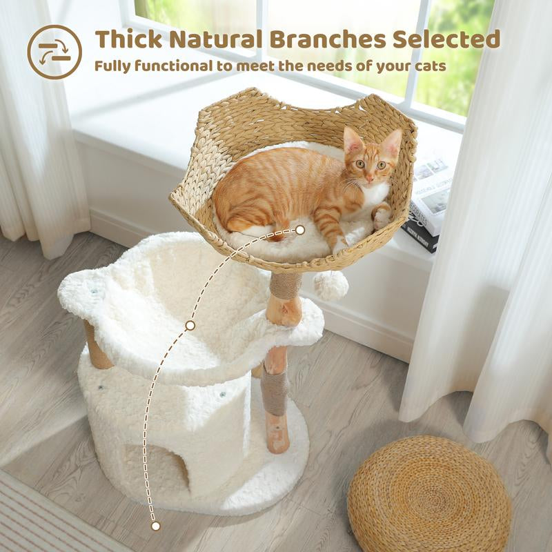 🐱 PAWZ Road 38-Inch Modern Luxury Wood Cat Tree with Large Wicker Basket & Deep Hammock