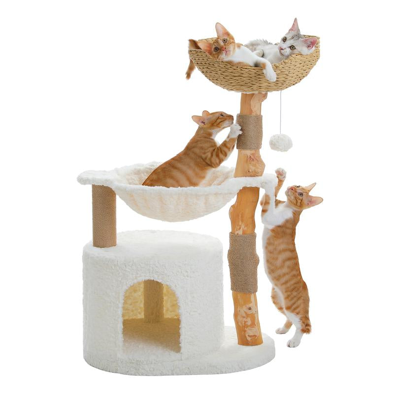 🐱 PAWZ Road 38-Inch Modern Luxury Wood Cat Tree with Large Wicker Basket & Deep Hammock
