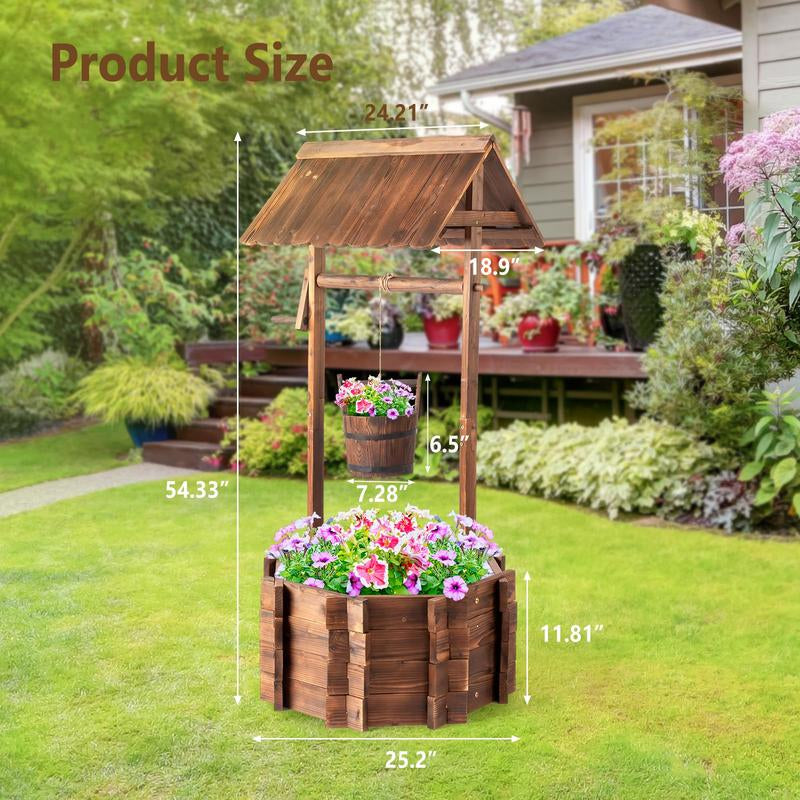 🌼 VINGLI Wooden Wishing Well Planter with Adjustable Bucket, Reinforced Rods – Rustic Outdoor Yard, Patio & Garden Decor