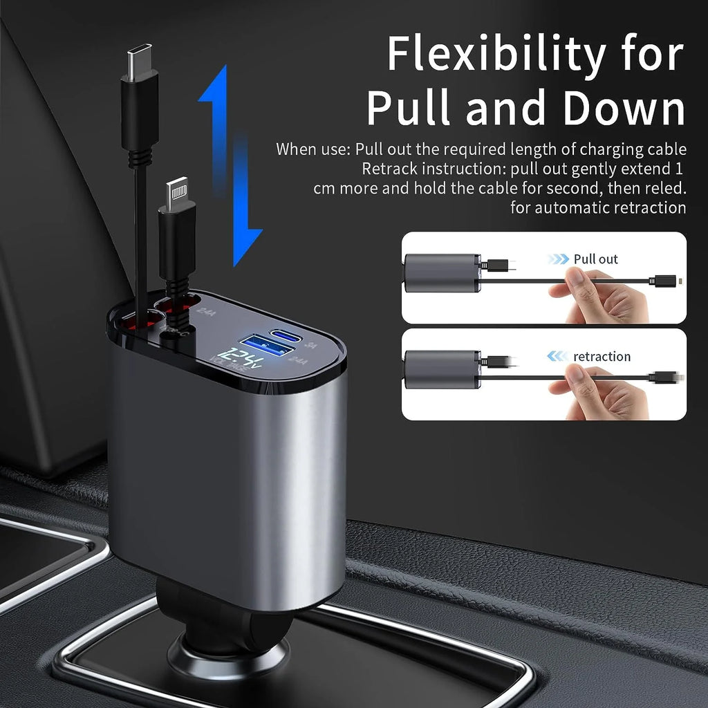 🚗 Smart Fast Retractable 4-in-1 Car Charger – 66W Power, Clean Car, No Cable Mess
