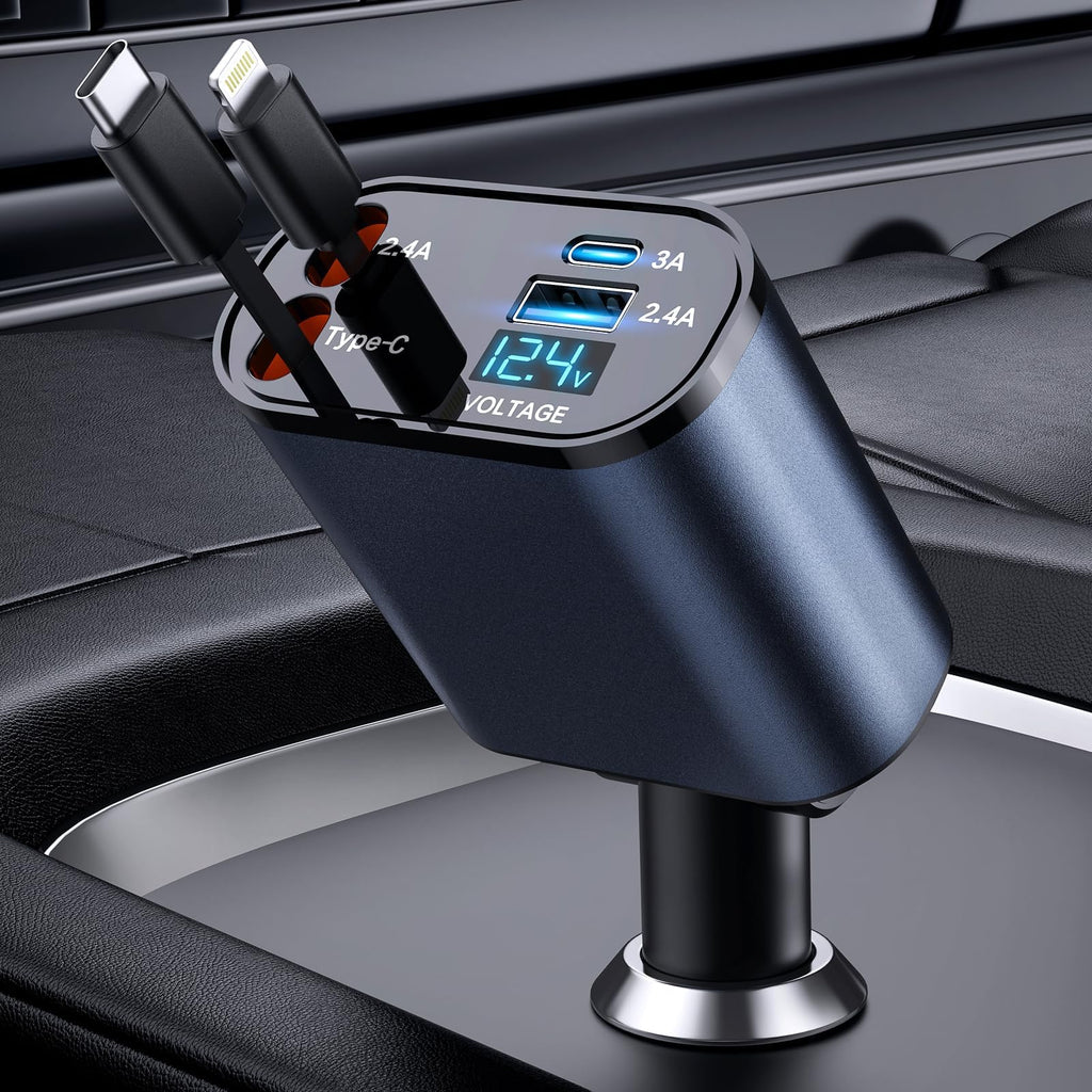 🚗 Smart Fast Retractable 4-in-1 Car Charger – 66W Power, Clean Car, No Cable Mess
